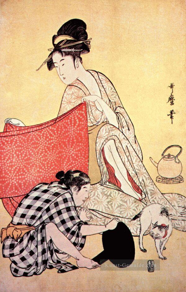 Frauen, die Kleider machen 2 Kitagawa Utamaro Ukiyo e Bijin ga Ölgemälde